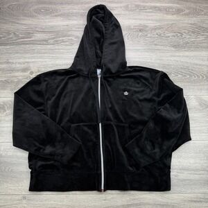 Juicy Couture Track Jacket Large Black Velour Hoodie Full Zip Metallic Logo Y2K